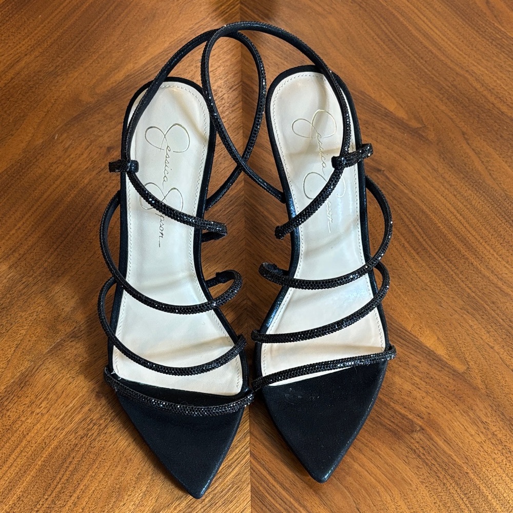 Black Sparkly Strappy Pointed-Toe Heels